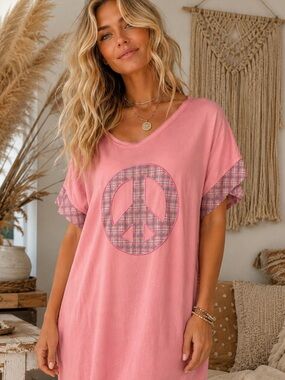 Umgee M Pink Short Sleeve Dress with Plaid Peace Sign and Trim